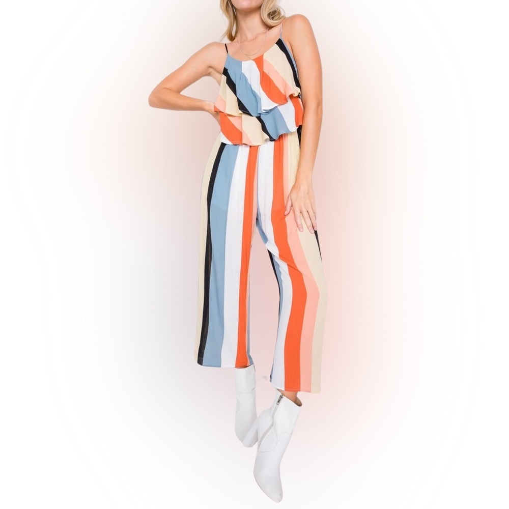 Le Lis Striped Tiered Ruffle Belize Jumpsuit Multicolor Orange Blue Large L